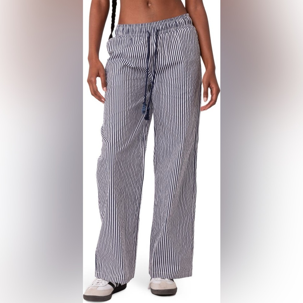 Edikted Seaside Stripe Wide Leg
Drawstring Pants in Navy Mix - Picture 2 of 11